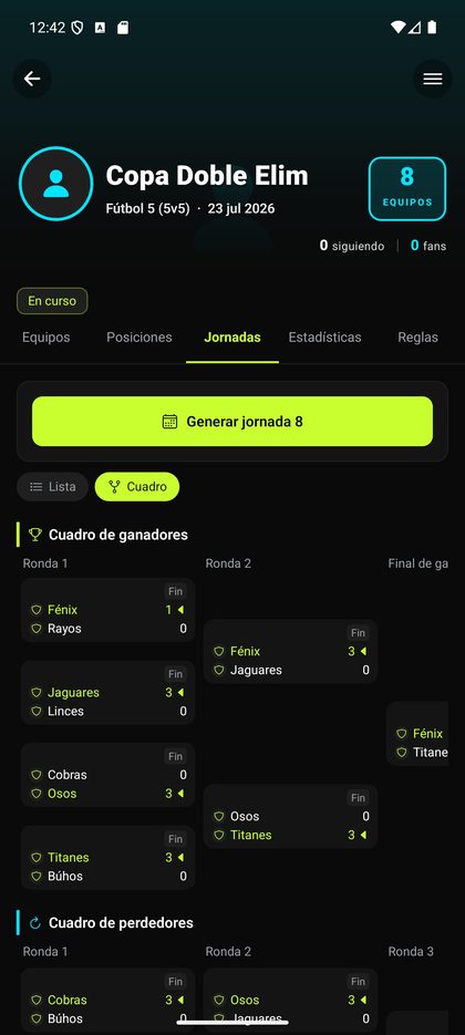 Cuadro de eliminación en la app